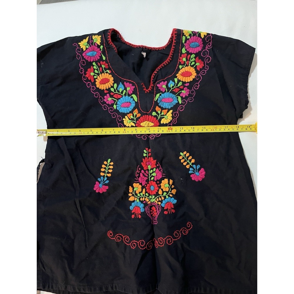 Handmade Women's Black Cotton Embroidered Floral Huipil Tunic Top One Size